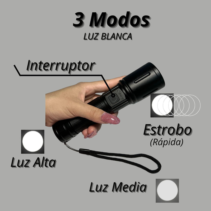 Linterna Camping, Largo Alcance, ZOOM, 3 Efectos, USB DT606