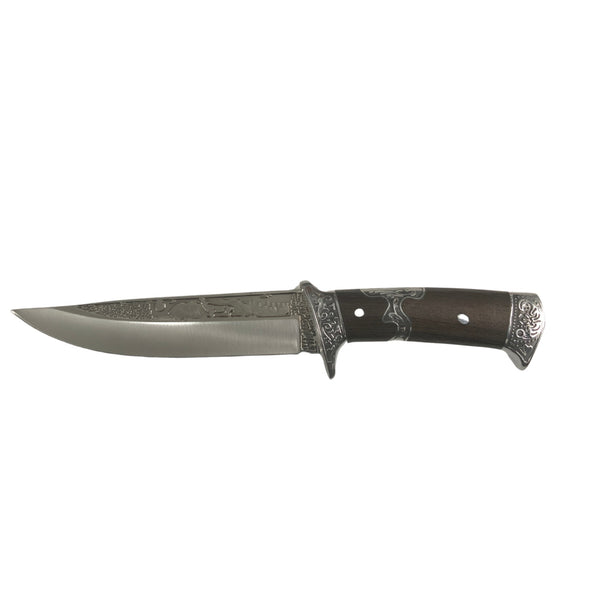 Cuchillo c/relieves, mango, funda, cubierta madera 18cm JF815