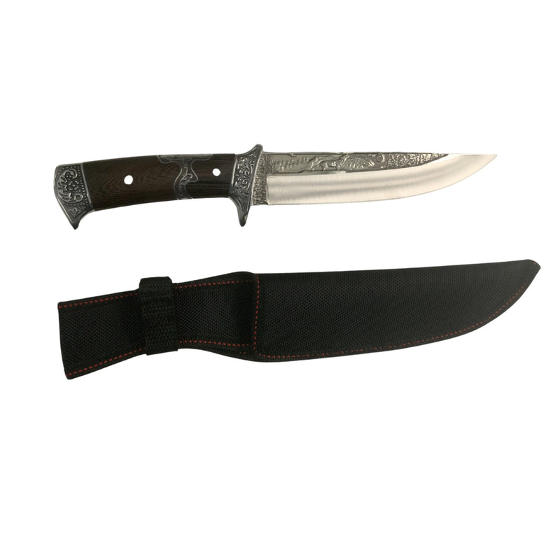 Cuchillo c/relieves, mango, funda, cubierta madera 18cm JF815