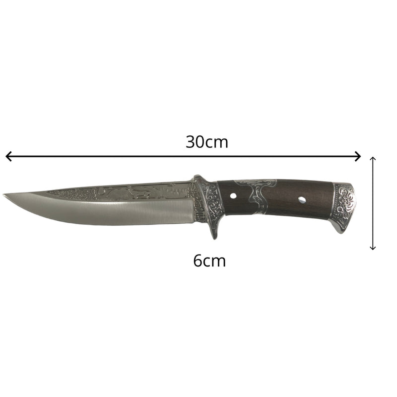 Cuchillo c/relieves, mango, funda, cubierta madera 18cm JF815