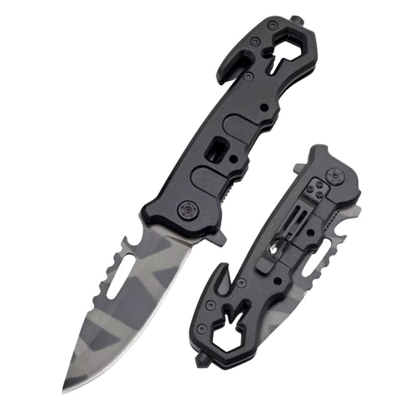 5 en 1 Navaja plegable Portatil +Rompe vidrios Corta soga Abre botellas *Clip JF886