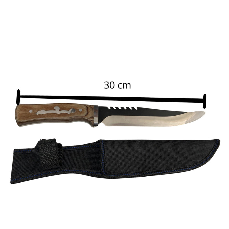 Cuchillo multifuncional c/sierra, funda, mango tipo madera JFK37