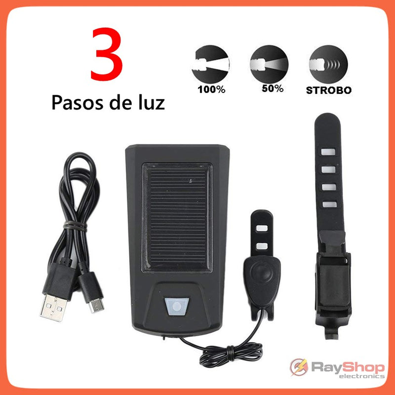 Lámpara Solar Luz Delantera Bici Claxon 5 Tonos 140 Db T316